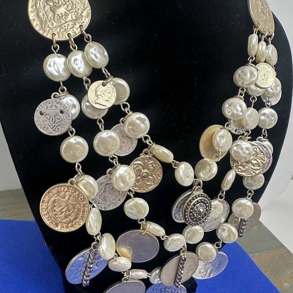 Vintage Set Necklace & Earrings Chico's Silver Gold Pearls Coin Charms 3 Strand - Picture 6 of 15